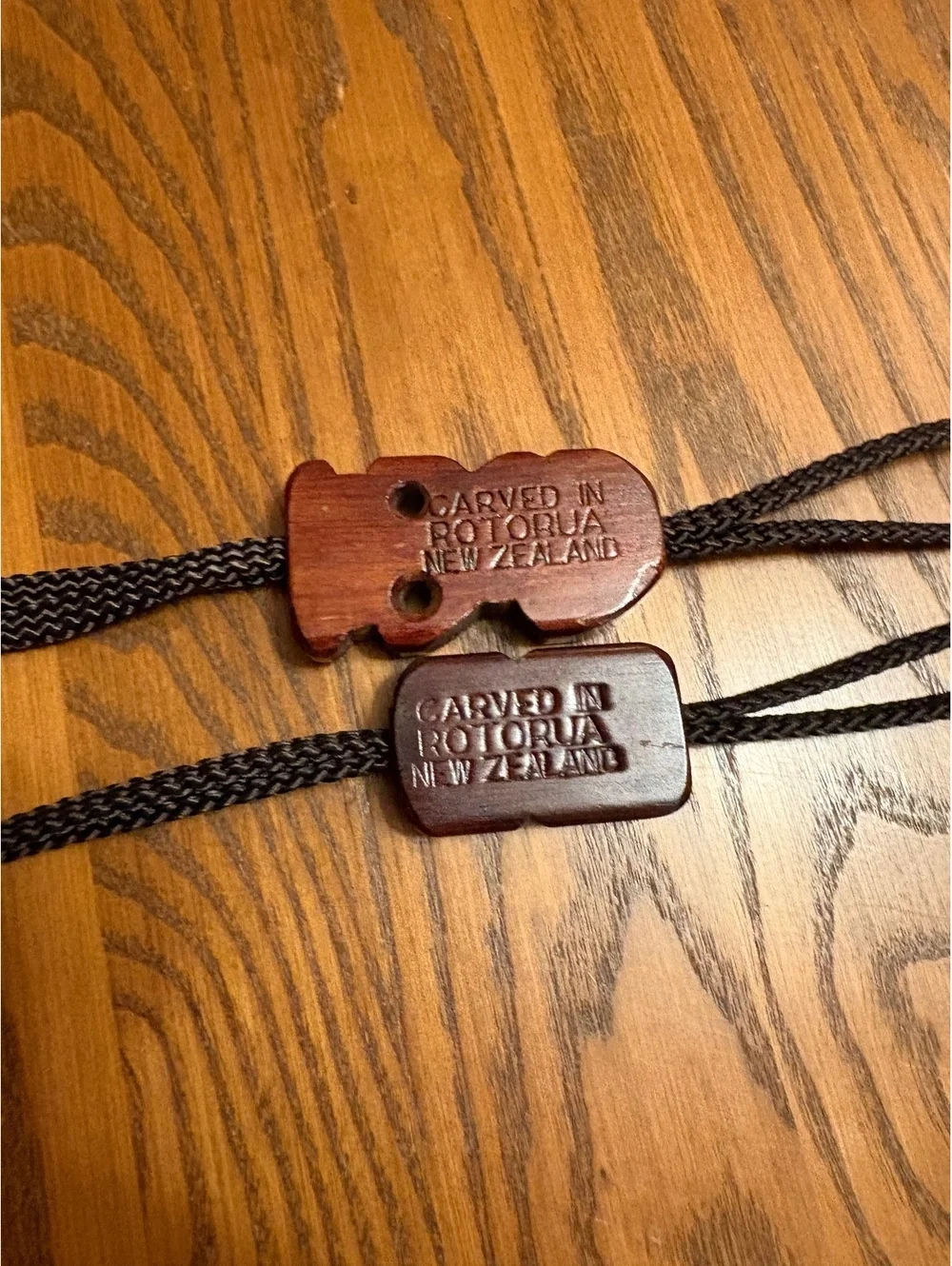 Vintage Hand-Carved Wooden Tiki Bolo Ties (Pair) from Rotorua, New Zealand